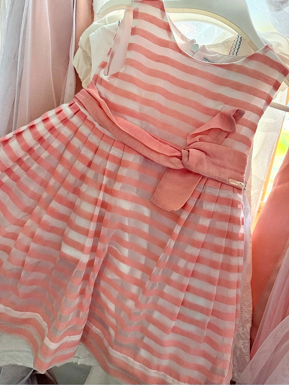 Mayoral Pink & White Striped Bow Dress
